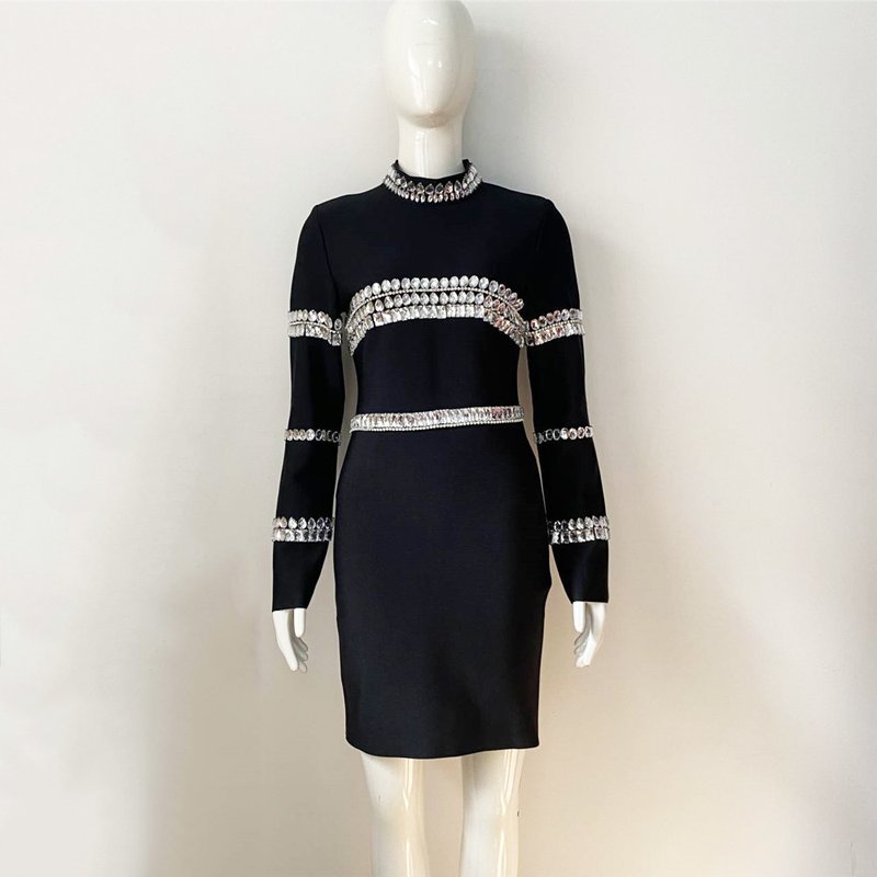 Crystal Embellished Black Mini Dress H5953