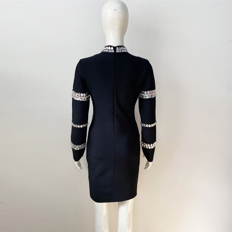 Crystal Embellished Black Mini Dress H5953
