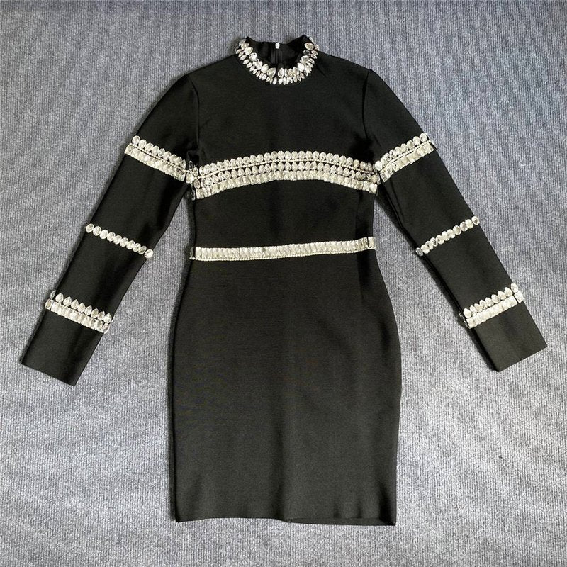 Crystal Embellished Black Mini Dress H5953