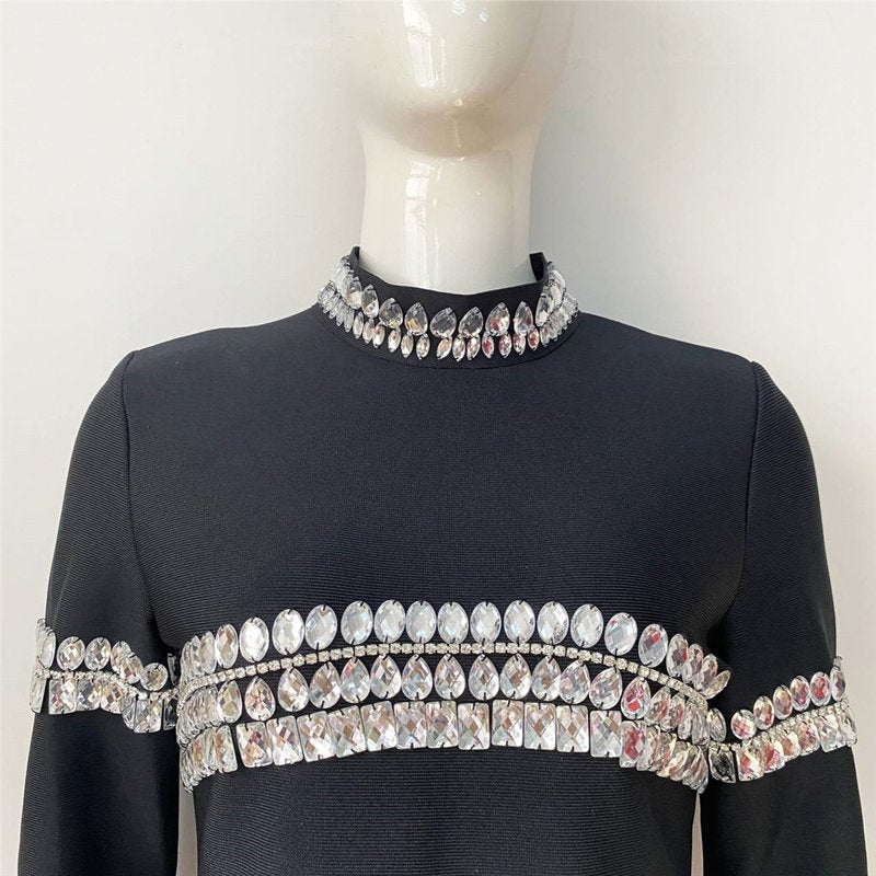 Crystal Embellished Black Mini Dress H5953