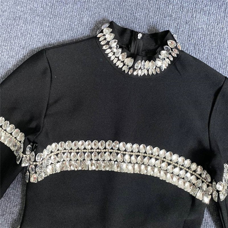 Crystal Embellished Black Mini Dress H5953