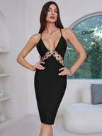 Cutout Chain Detail Black Bodycon Dress H6687