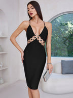Cutout Chain Detail Black Bodycon Dress H6687
