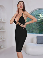 Cutout Chain Detail Black Bodycon Dress H6687