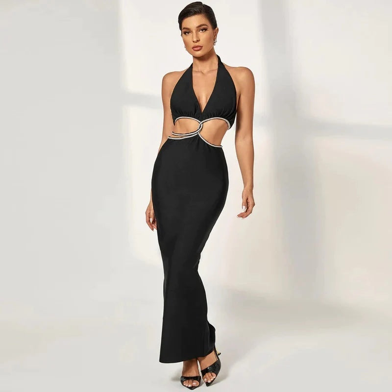 Cutout Halter Neck Bandage Dress H5455