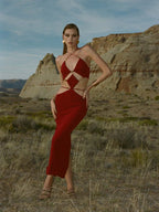 Cutout Halter Red Midi Dress H5972