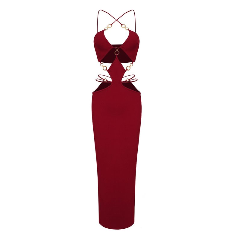 Cutout Halter Red Midi Dress H5972
