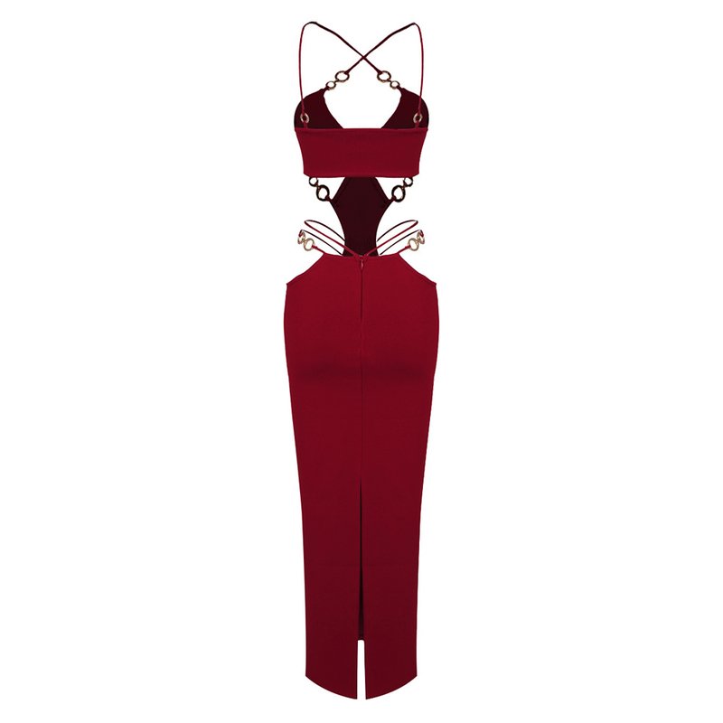 Cutout Halter Red Midi Dress H5972