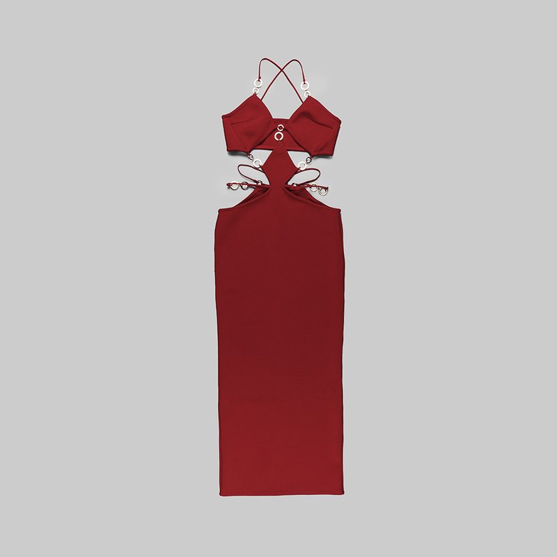 Cutout Halter Red Midi Dress H5972