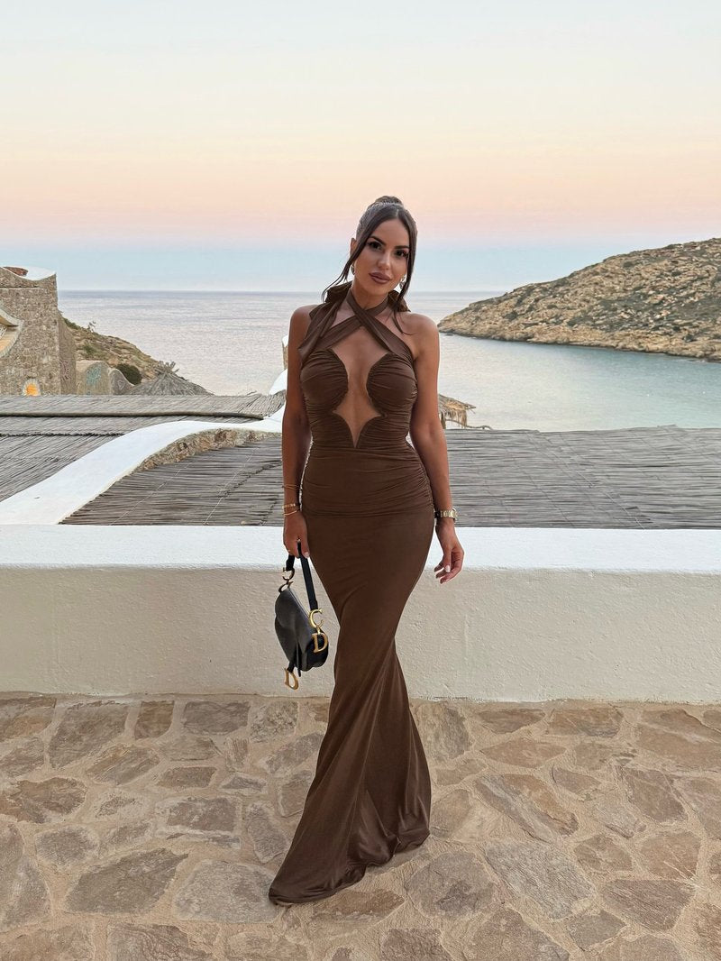 Cutout Halter Ruched Maxi Dress H7010