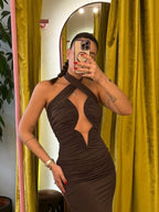 Cutout Halter Ruched Maxi Dress H7010