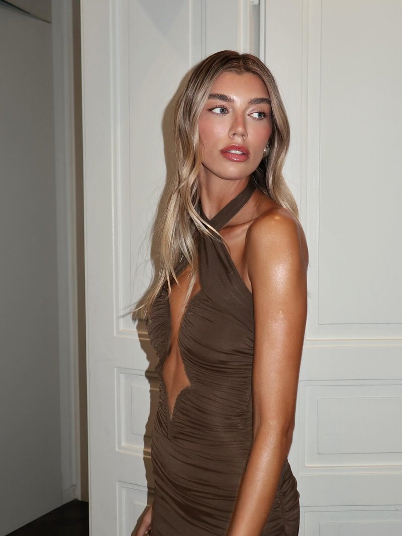 Cutout Halter Ruched Maxi Dress H7010