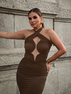 Cutout Halter Ruched Maxi Dress H7010