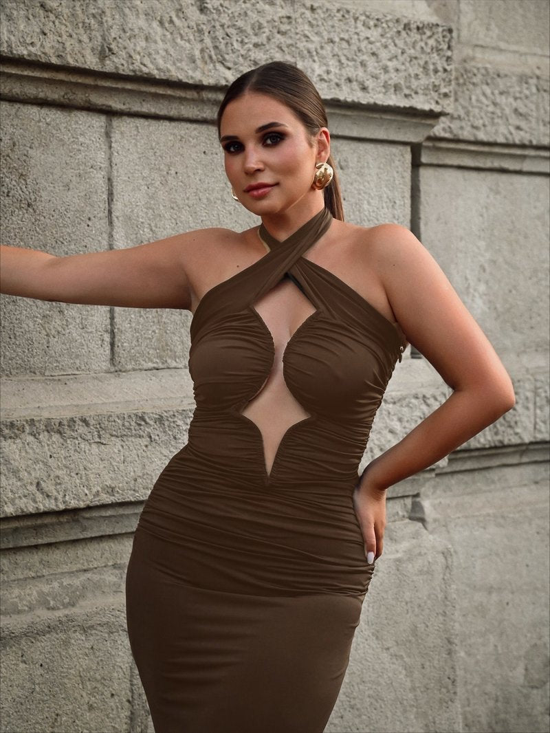 Cutout Halter Ruched Maxi Dress H7010