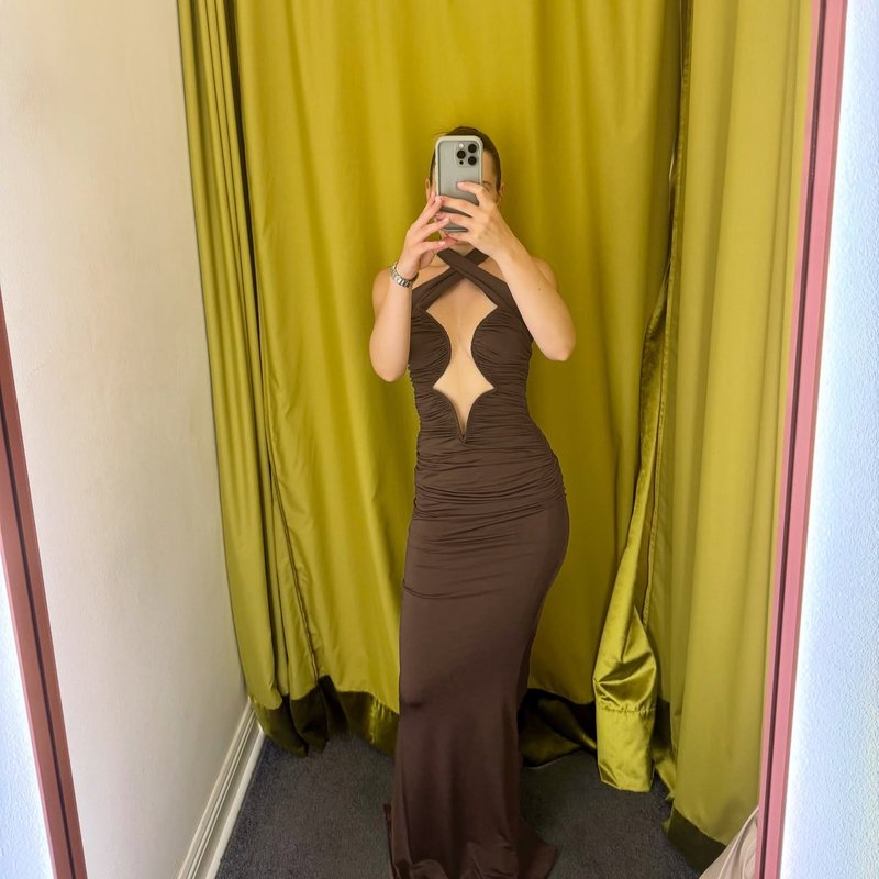 Cutout Halter Ruched Maxi Dress H7010