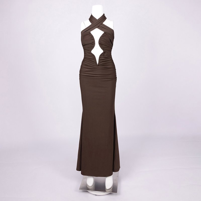 Cutout Halter Ruched Maxi Dress H7010