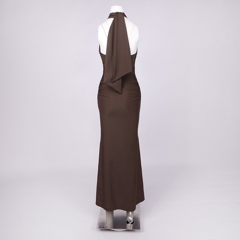Cutout Halter Ruched Maxi Dress H7010
