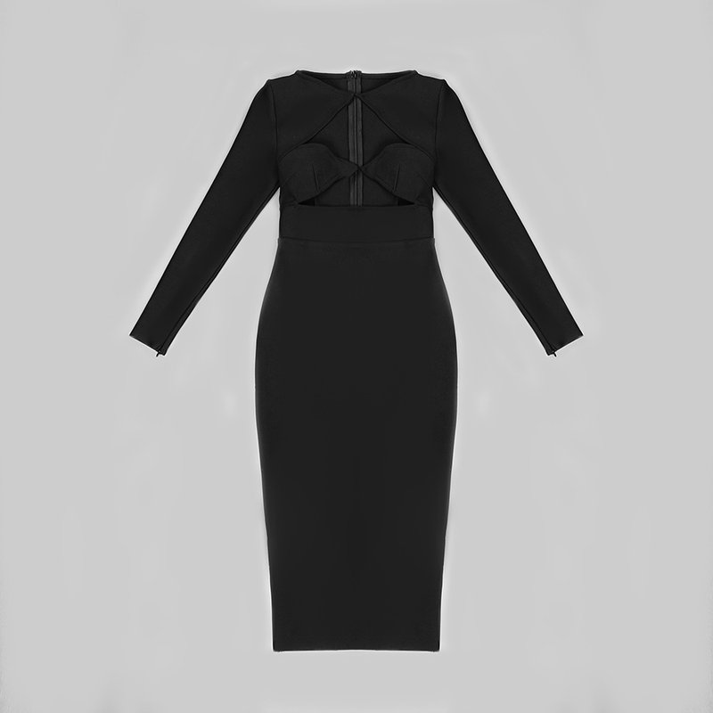 Cutout Long Sleeve Black Gown H5312