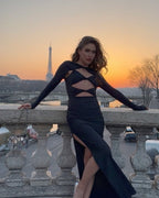 Cutout Long Sleeve Black Maxi Dress H6075