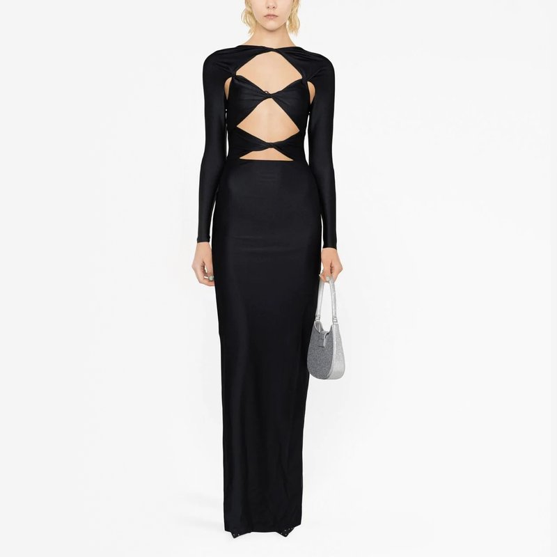 Cutout Long Sleeve Black Maxi Dress H6075
