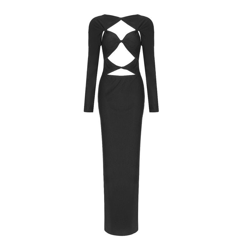 Cutout Long Sleeve Black Maxi Dress H6075