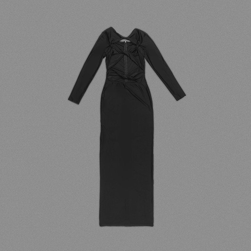 Cutout Long Sleeve Black Maxi Dress H6075