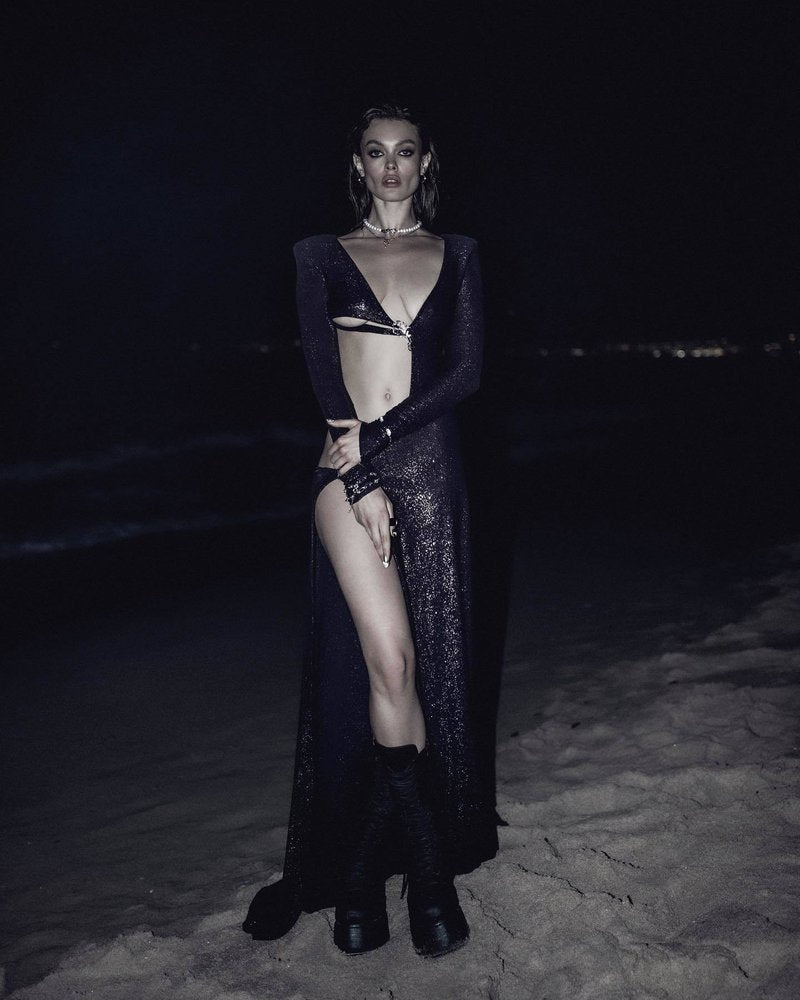 Cutout Long Sleeve Shimmer Maxi Dress H6377