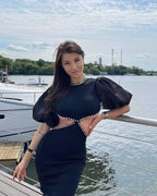 Cutout Puff Sleeve Black Bandage Dress H3906