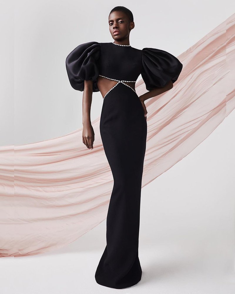 Cutout Puff Sleeve Black Bandage Dress H3906