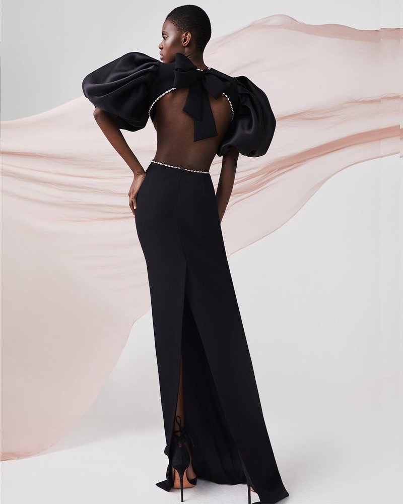 Cutout Puff Sleeve Black Bandage Dress H3906