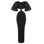 Cutout Puff Sleeve Black Bandage Dress H3906