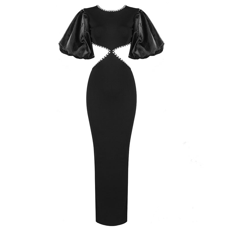 Cutout Puff Sleeve Black Bandage Dress H3906