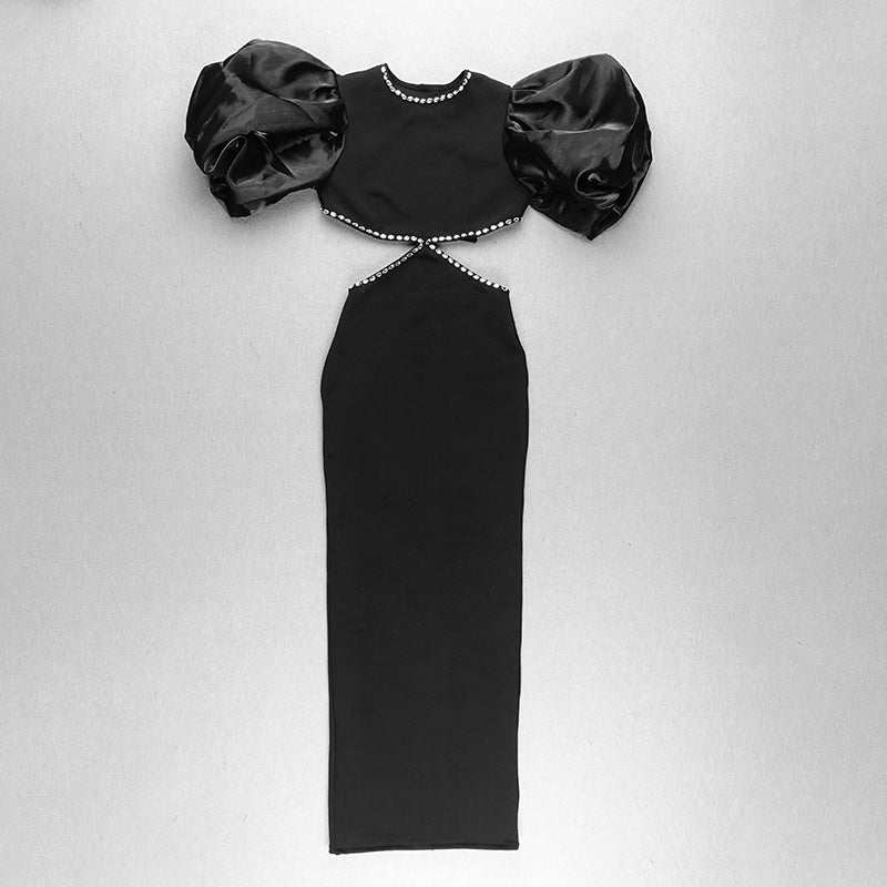 Cutout Puff Sleeve Black Bandage Dress H3906