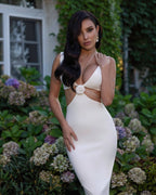 Cutout Rose Detail White Midi Dress H6213