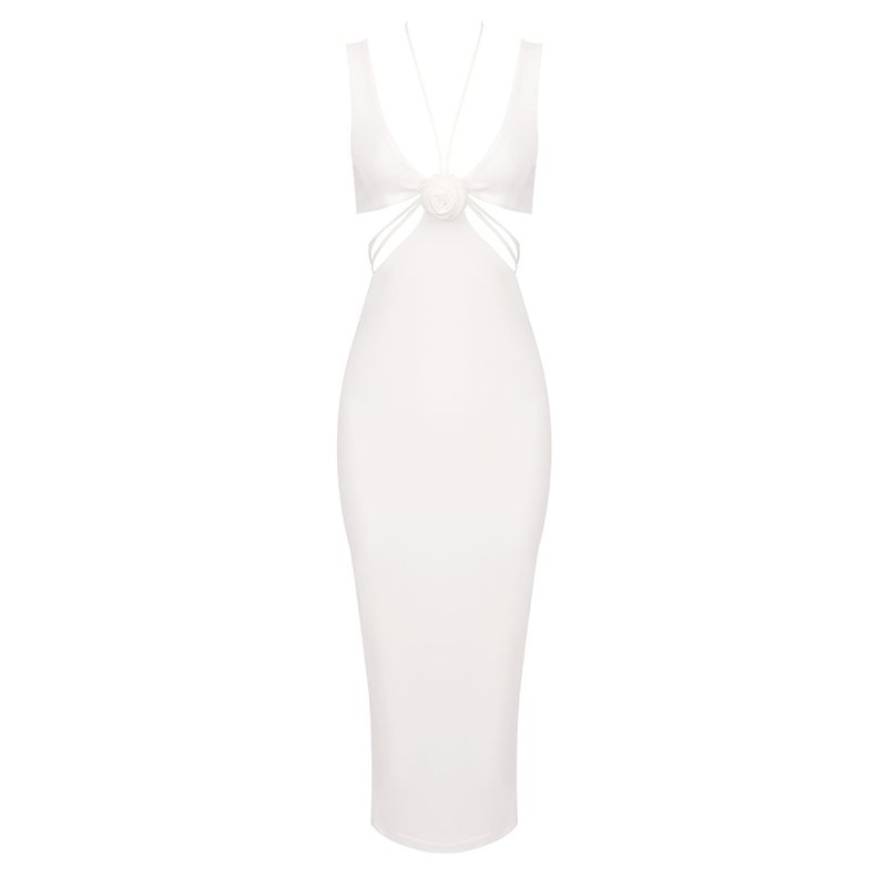 Cutout Rose Detail White Midi Dress H6213