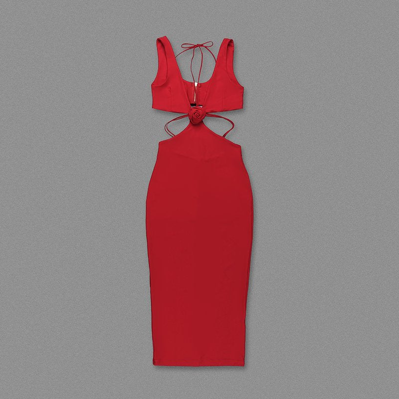 Cutout Rose Detail White Midi Dress H6213