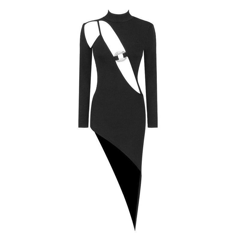 Cutout Turtleneck Asymmetrical Dress H6042