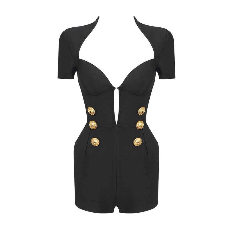 Deep V Black Romper with Gold Buttons H6389