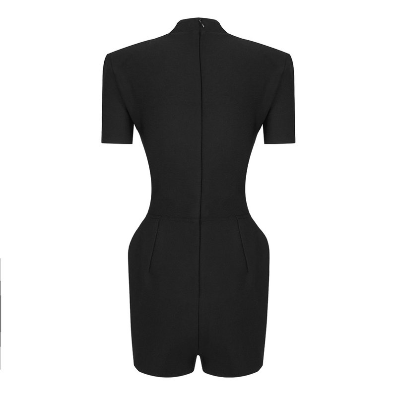 Deep V Black Romper with Gold Buttons H6389