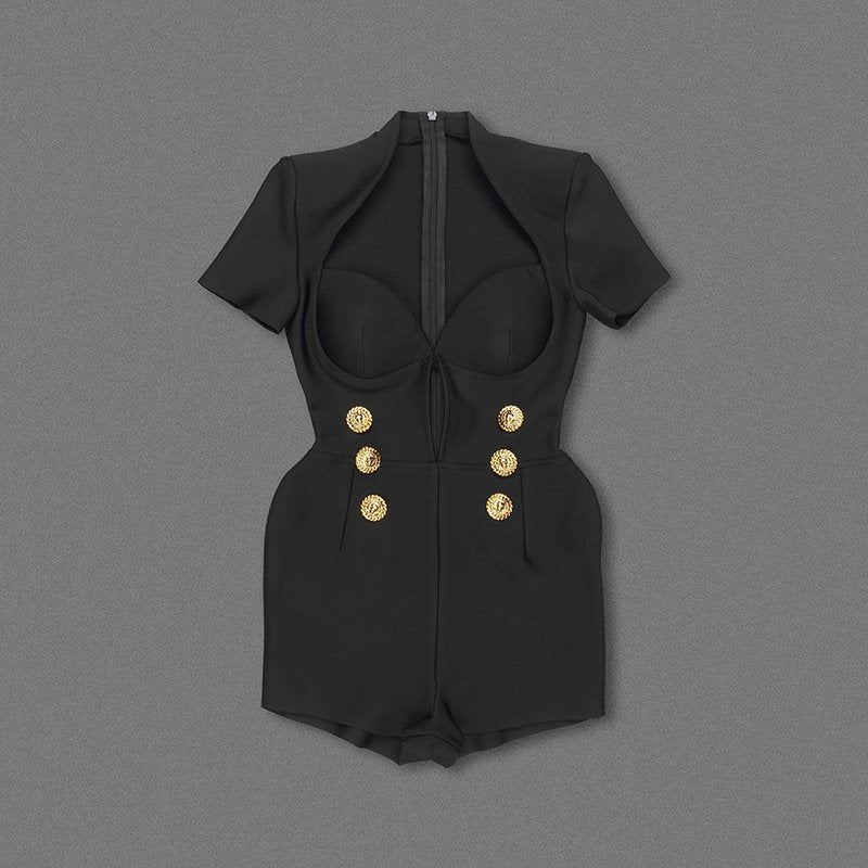 Deep V Black Romper with Gold Buttons H6389