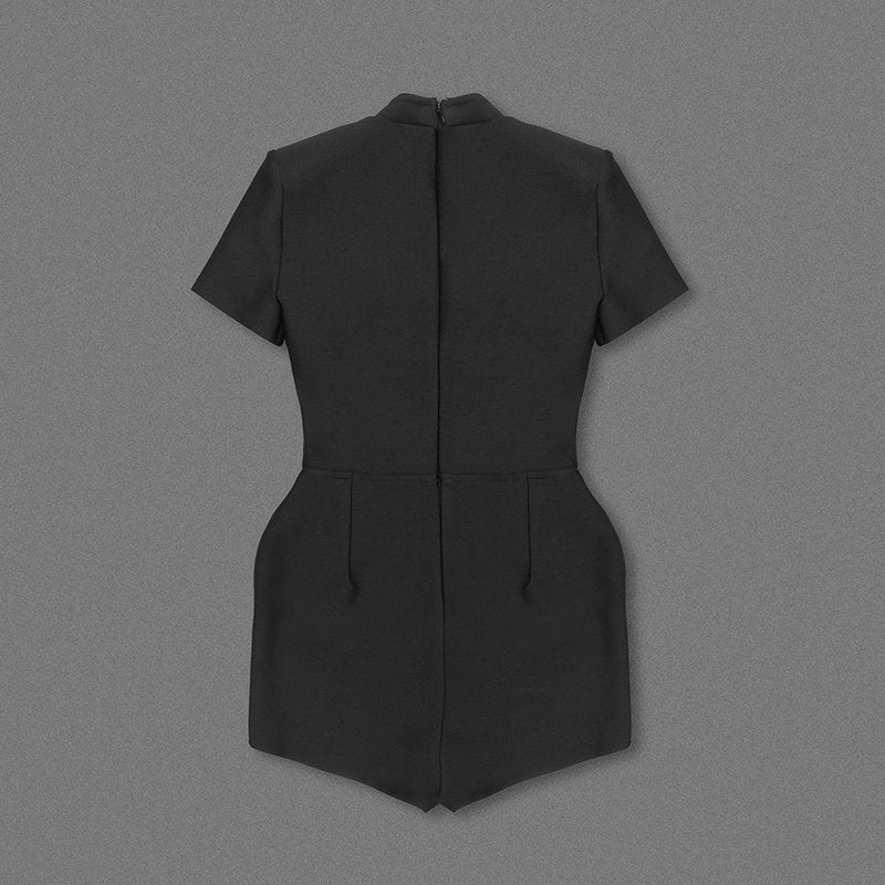 Deep V Black Romper with Gold Buttons H6389