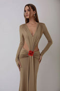 Deep V Cutout Ruched Maxi Dress H6221