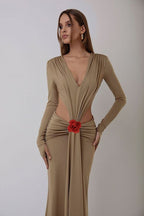 Deep V Cutout Ruched Maxi Dress H6221