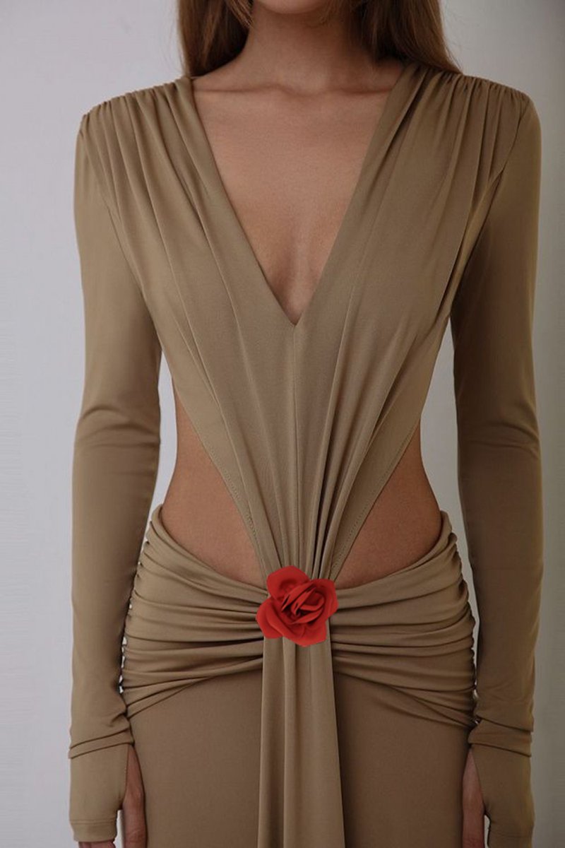 Deep V Cutout Ruched Maxi Dress H6221