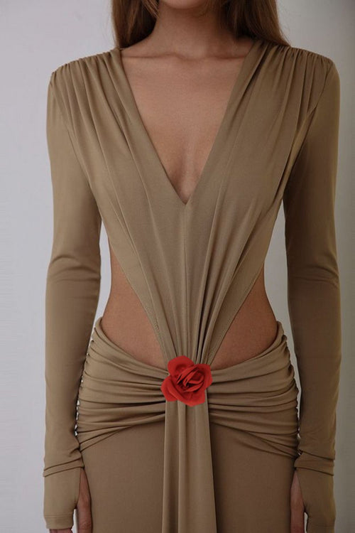 Deep V Cutout Ruched Maxi Dress H6221