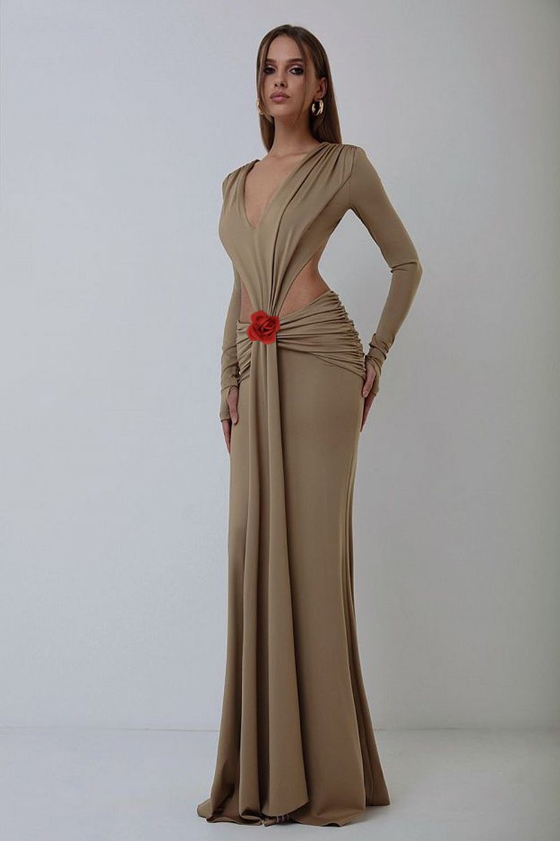 Deep V Cutout Ruched Maxi Dress H6221