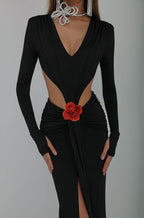 Deep V Cutout Ruched Maxi Dress H6221