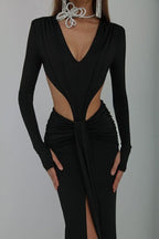 Deep V Cutout Ruched Maxi Dress H6221