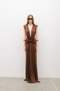 Deep V Neck Draped Brown Maxi Dress H7094