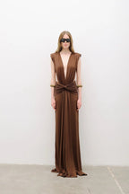 Deep V Neck Draped Brown Maxi Dress H7094